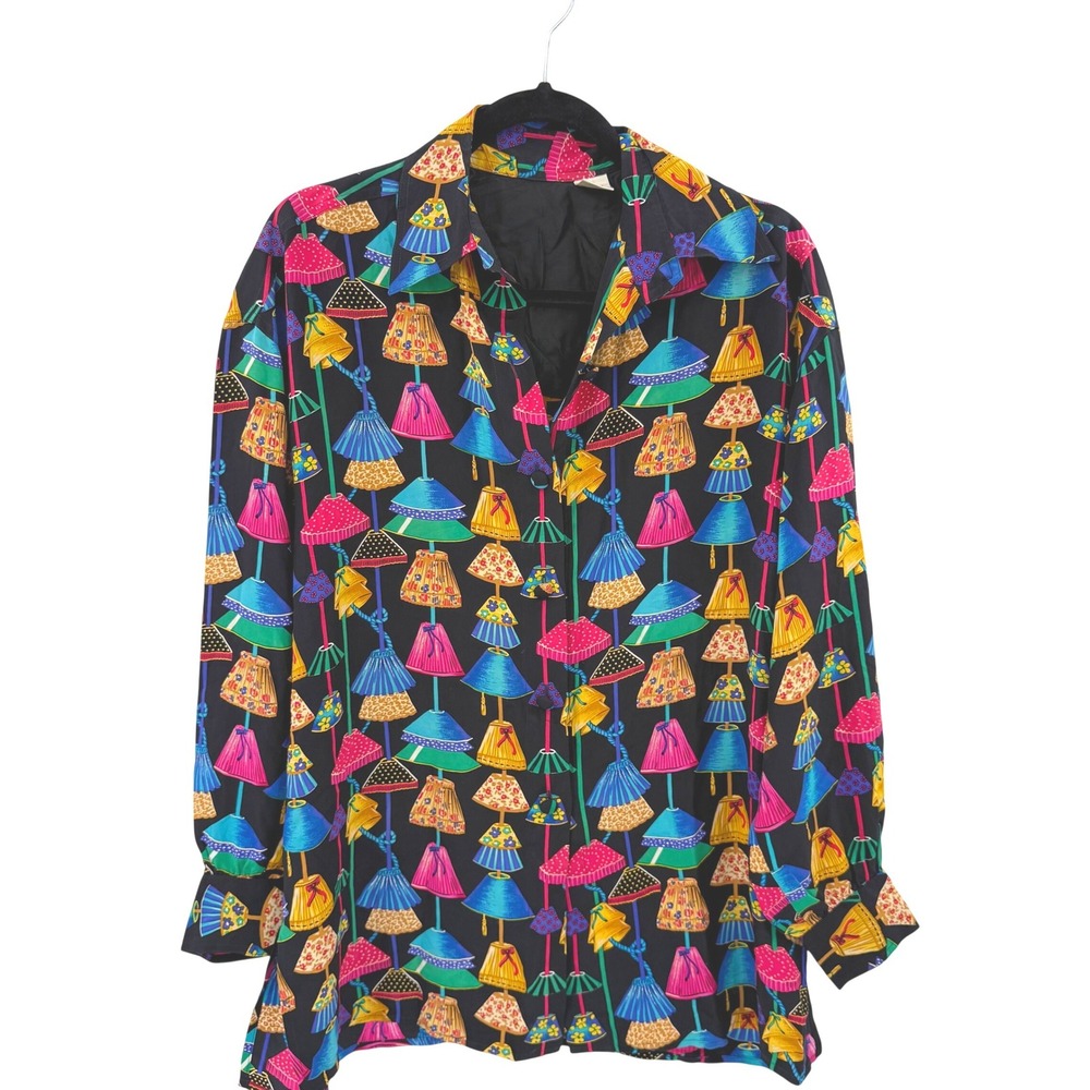 Vintage 100% Silk Lampshade Novelty Print Button Down Blouse Black Multi Size 6